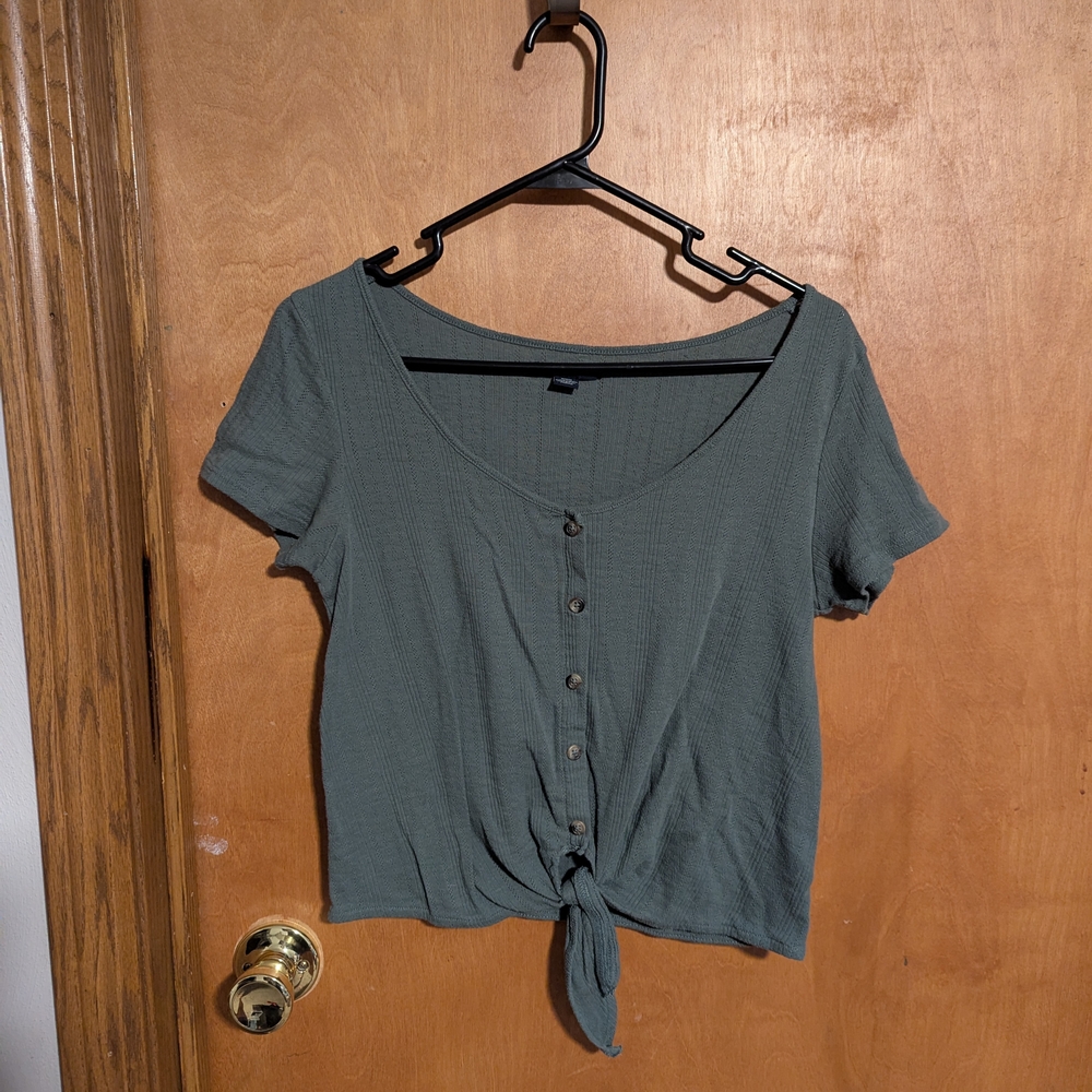 American Eagle Teal Button-Up Tie-Front Blouse
